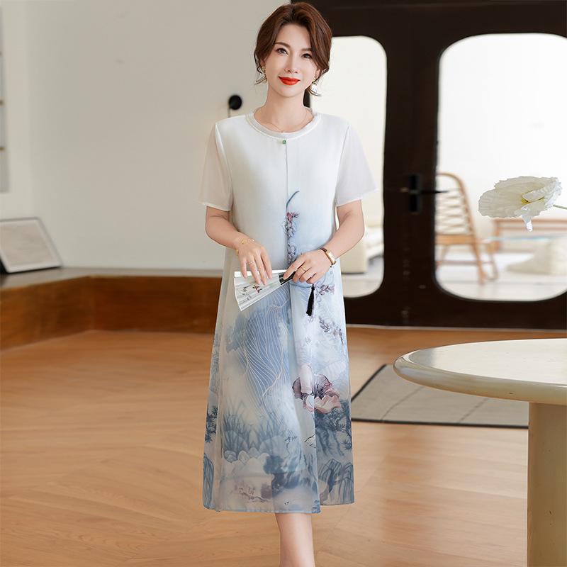 Elegant Ice Silk Summer Dress for Middle-Aged Women - Short Sleeve, Knee-Length, Chinese-Inspired Design