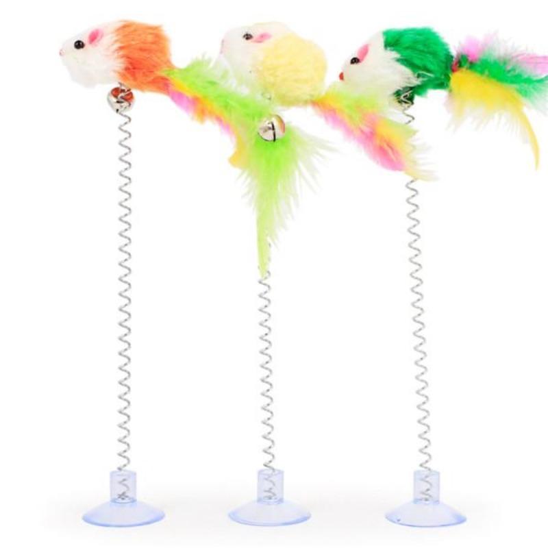 Mouse Spring Feather Pet Cat Toy Multicolored Suction Cup With Bell Spring Two Styles Of Random Colors