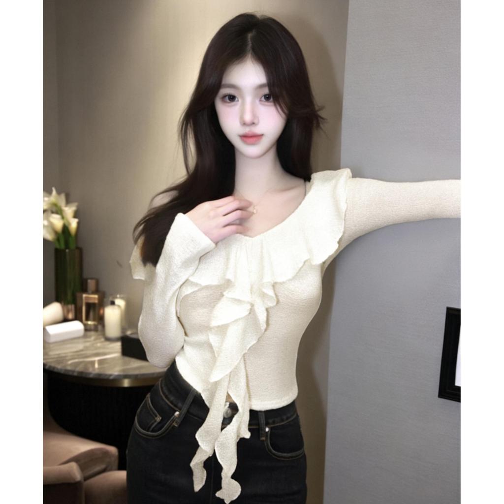 2026 Damen Petite Off-Shoulder Rüschen-Oberteil - Frühling/Herbst Slim Fit, Tailliert, Vielseitig