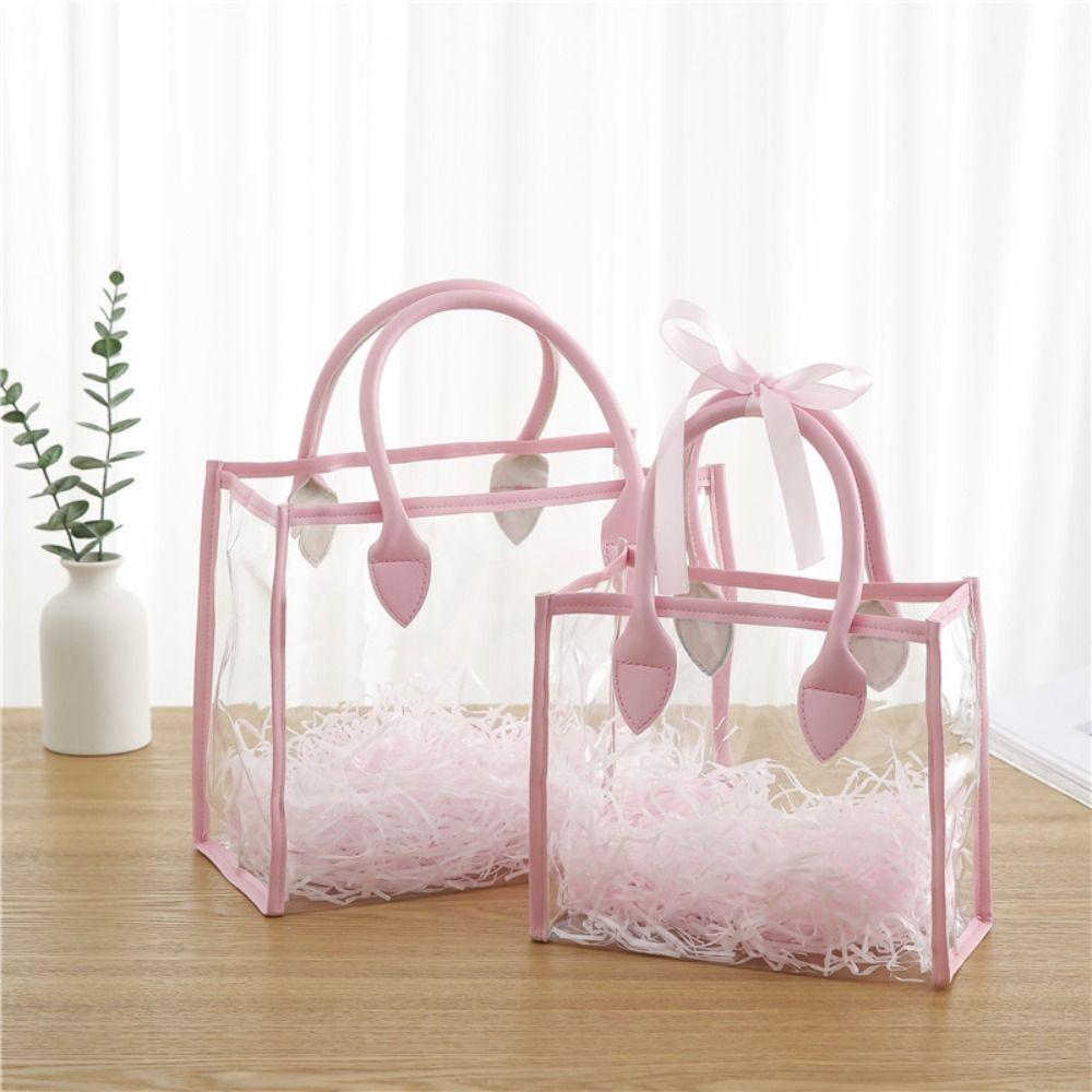 

Transparent Gift Bag PVC Shopping Bags Fashion Handhold Packaging Tote Pink-S