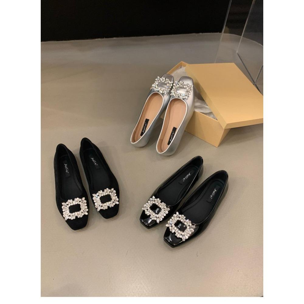 Women's New Square Toe Rhinestone Flat Shoes Comfortable Black Work Shoes for Office