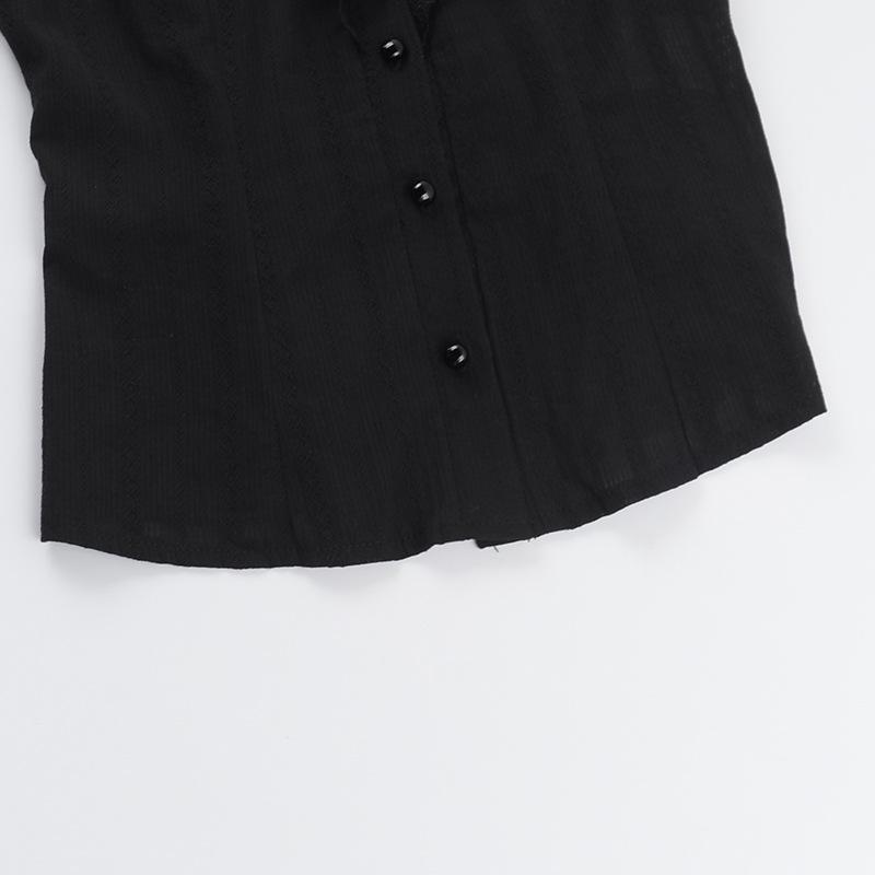 Süße Lolita Baumwollhemden Damen Vintage Gothic Schwarz Weiß Jacquard Kurzarmblusen Elegante Büro Dame Y2k Oberteile