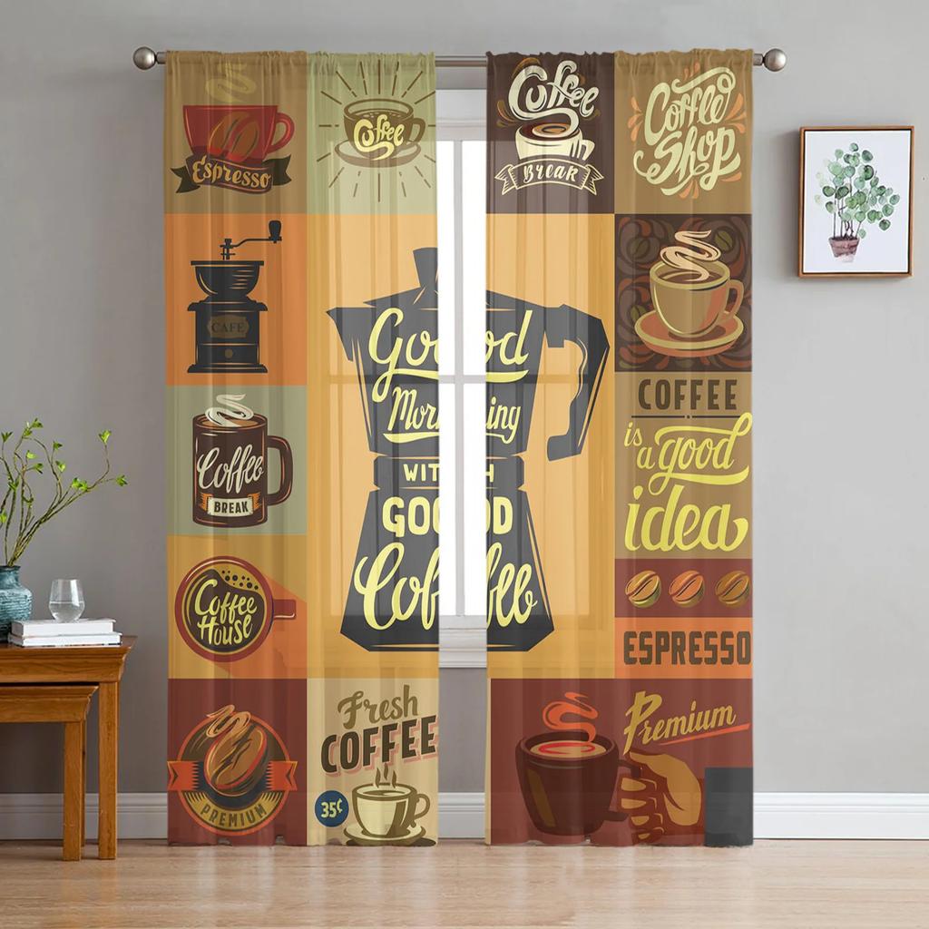 Coffee Coffee Beans Coffee Cup Sheer Curtains for Living Room Decoration Window Curtain Kitchen Tulle Voile Organza Drapes