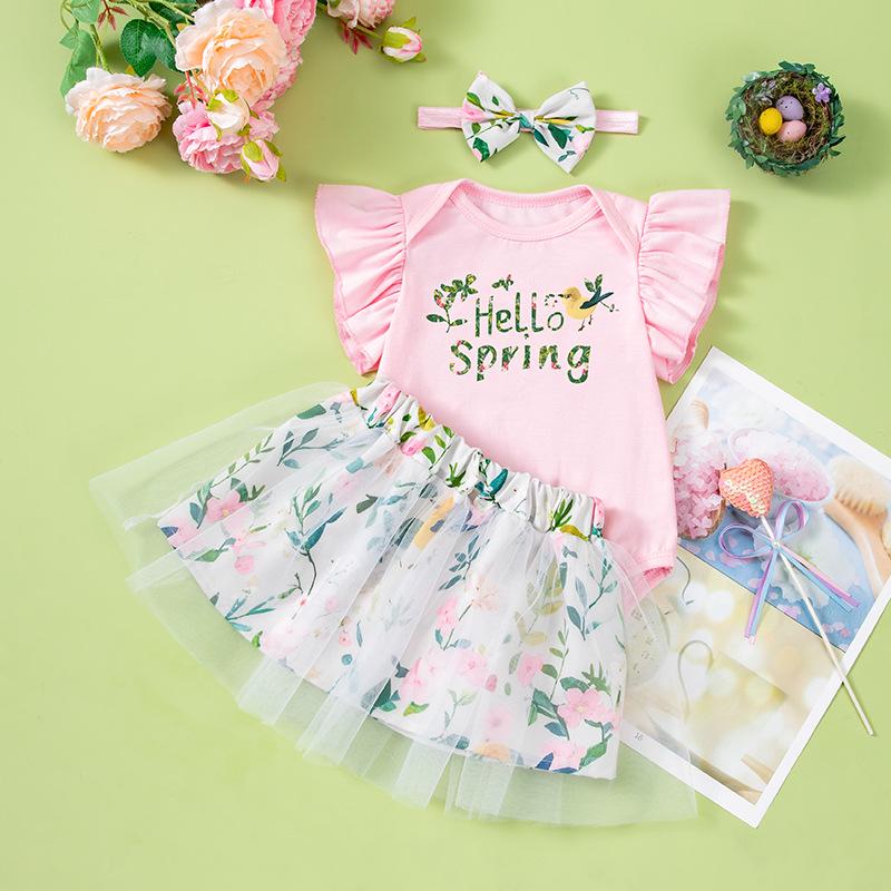 3-Piece Baby Girl Outfit: Fly Sleeve Romper, Skirt, Hair Accessories for Spring/Summer
