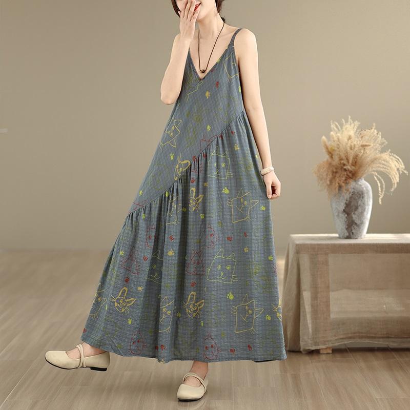 Sleeveless Strap Cotton Vintage Floral New in Dresses For Women Casual Loose Long Summer Dress Elegant Clothing