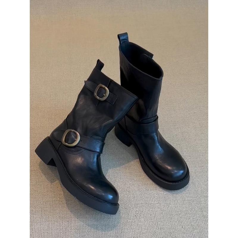 Cowhide version retro belt buckle genuine leather locomotive boots Martin boots women's versatile British style platform knight boots short boots