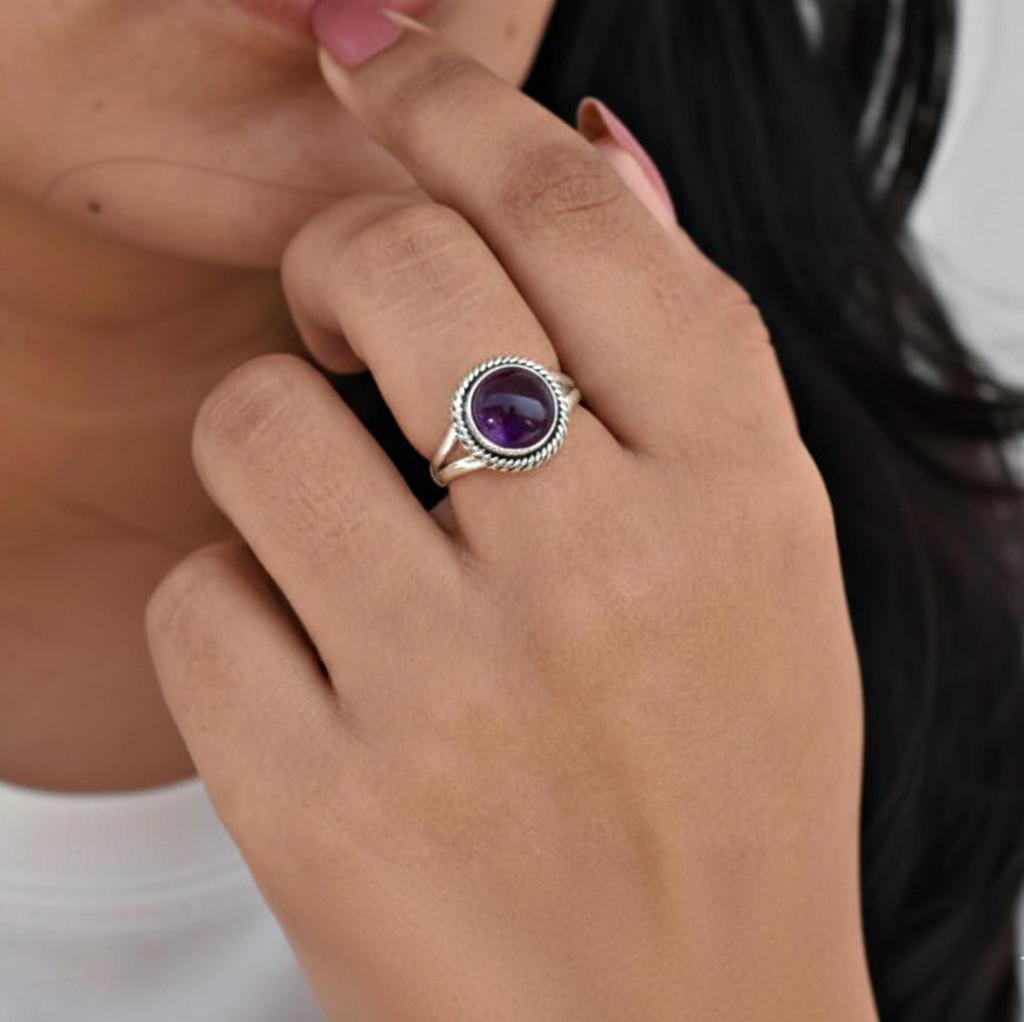 Amethyst 925 Sterling Silver Ring, Oval Purple Gemstone Rope Bezel Statement Ring, Handmade Jewelry