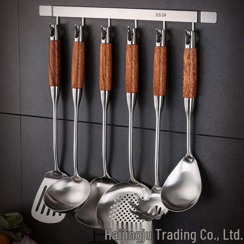 304 Stainless Steel & Pear Wood Kitchen Utensil Set - Stir-Fry Spatula, Skimmer, Frying Spatula, Rice Spoon.