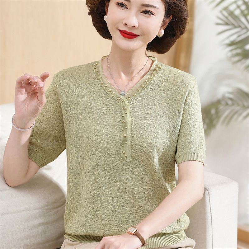 Ice Silk Mom Knitted Shirt Thin Mom Summer Top New Loose Knitted Short Sleeve T-shirt Top