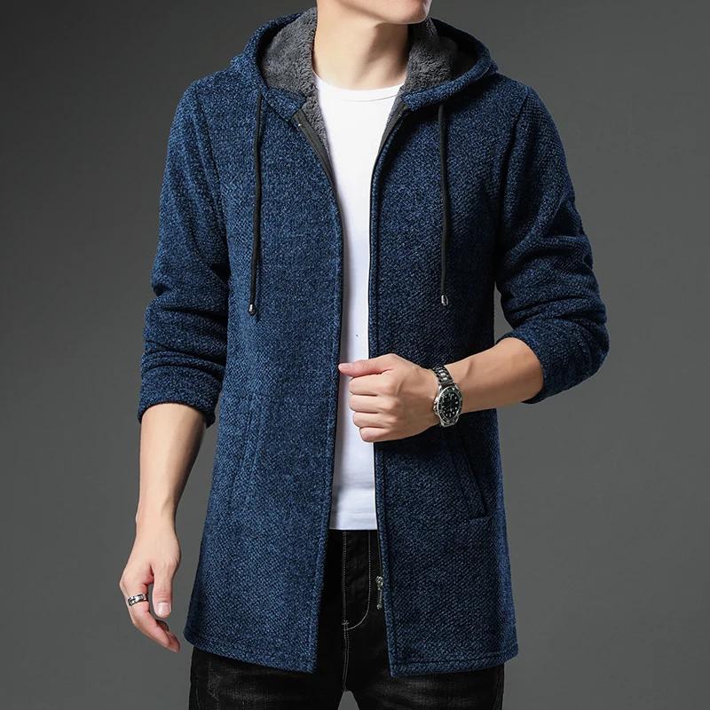 Autumn Winter Mens Hooded Cardigan Men Fleece Sweaters Cardigan Male Casual Jacket Knitted Windbreaker Long Sweater L