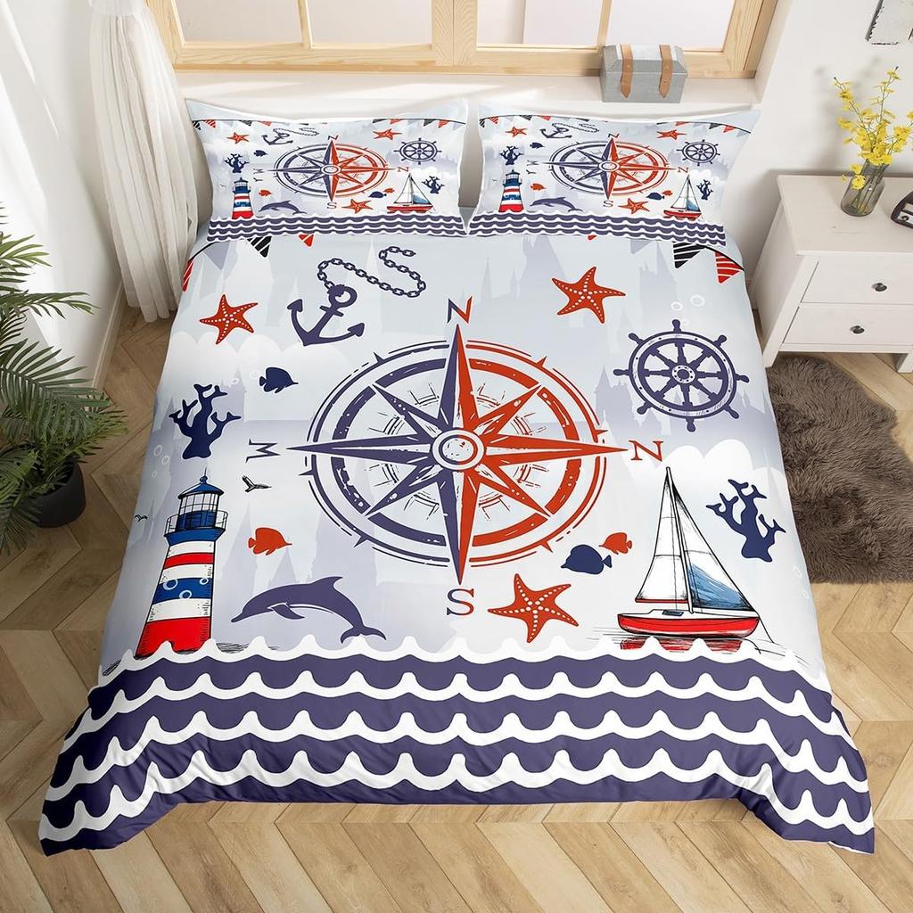 Vintage Anchor Duvet Cover Twin King, Nautical Theme Bedding Set Sailing Boat Sea Turtle Bed Cover, Compass Starfish Quilt Cover