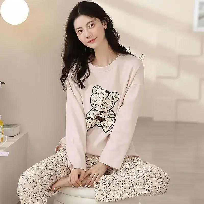 Herbst Frühling Frauen Neue Pyjamas Set Langarm Rundhals Frau Nachtwäsche Pringitng Mädchen Casual Loungewear