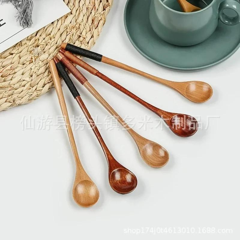 1pcs Long Handle Coffee Spoon Natural Creative Solid Wood Tableware Stir Stick Milk Tea Honey Wooden Kitchen Tools