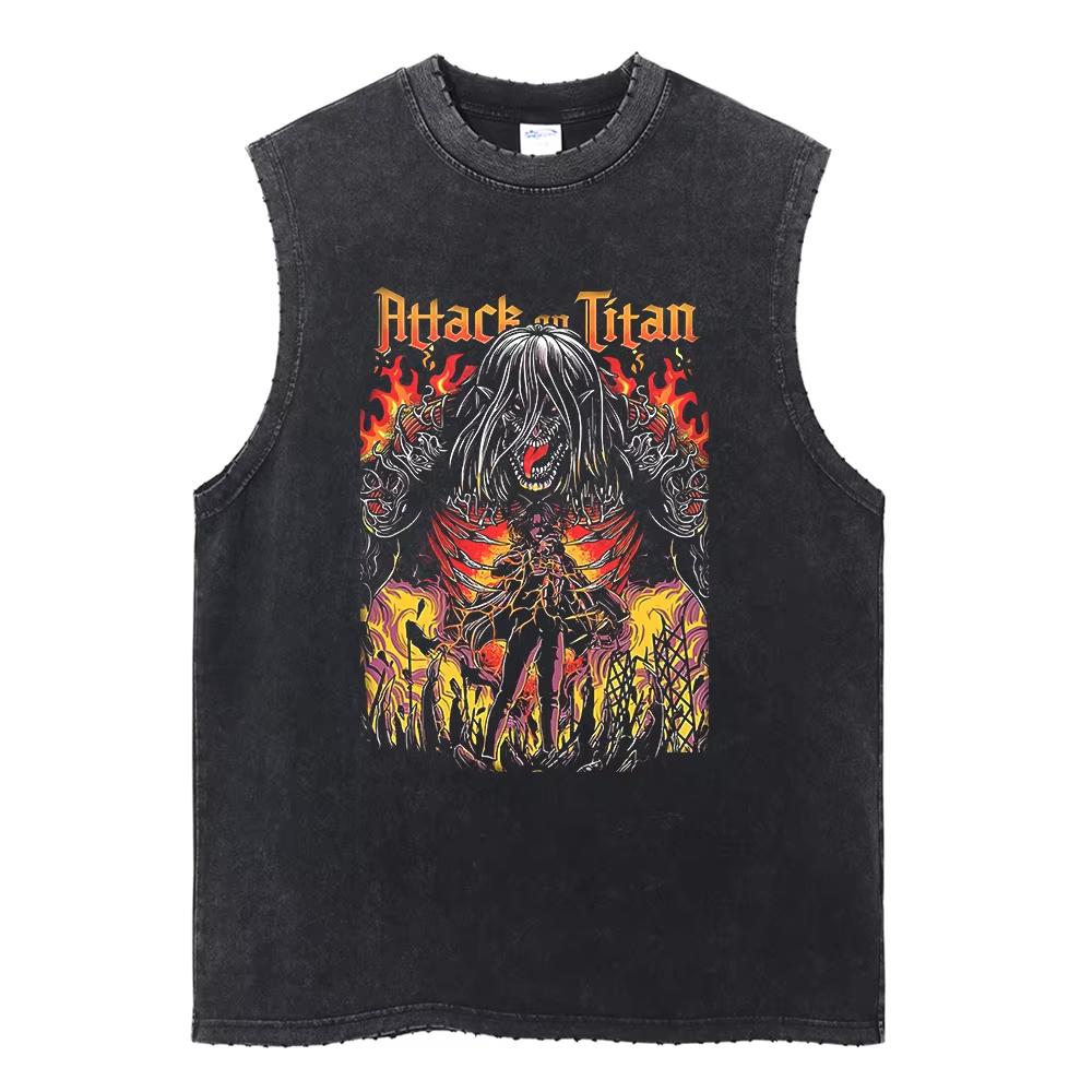 Attack on Titan Men's Gym Vest Summer Y2k Washed Vintage Print Tank Tops Women's Sleeveless Shirts Streetwear Anime Gifts
