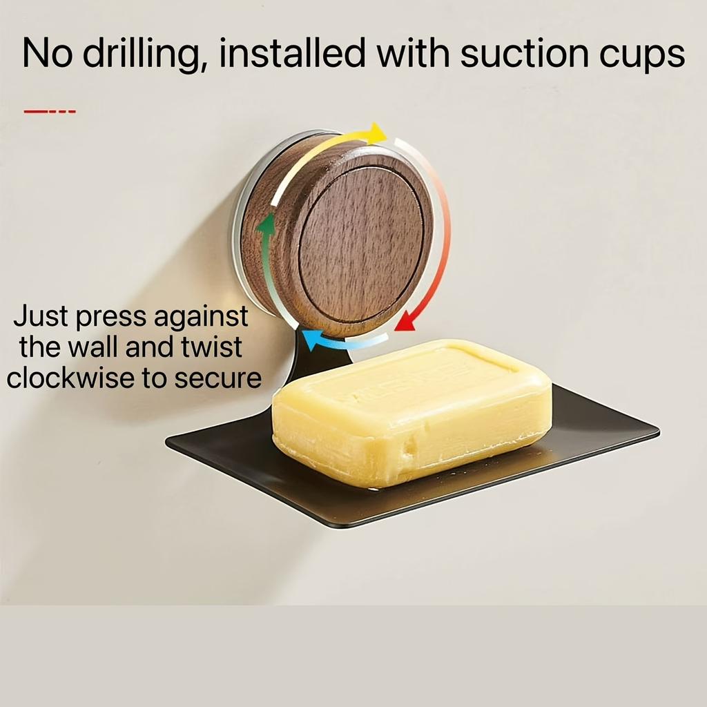 Suction Cup Walnut Soap Dish Aluminum Alloy Wall-Mounted No-Drill Bathroom Soap Holder with Drainage Slots Rectangular Modern Design for Shower