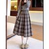 Women's High-Waist A-Line Woolen Plaid Skirt - Mid-Length, Pleated, Slimming, Elastic Waist