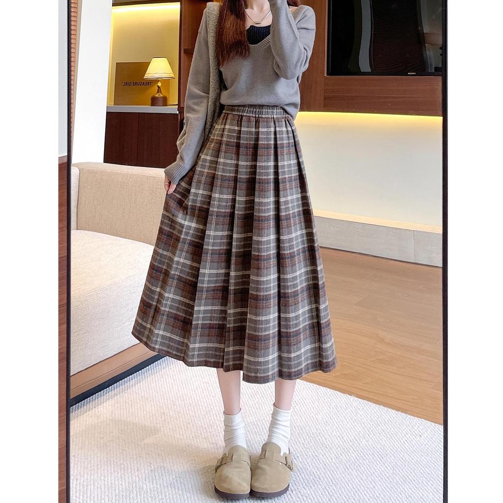 Women's High-Waist A-Line Woolen Plaid Skirt - Mid-Length, Pleated, Slimming, Elastic Waist