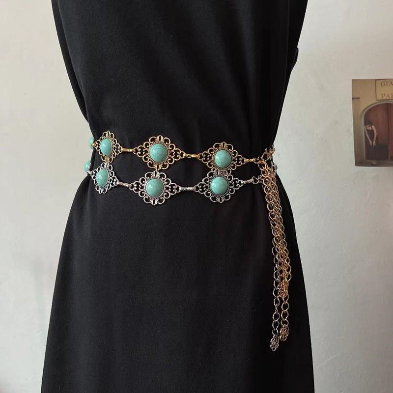 Boho Style Imitation Turquoise Carved Waist Chain for Women Versatile Retro Dress Decorative Metal Ethnic Waist Belt
