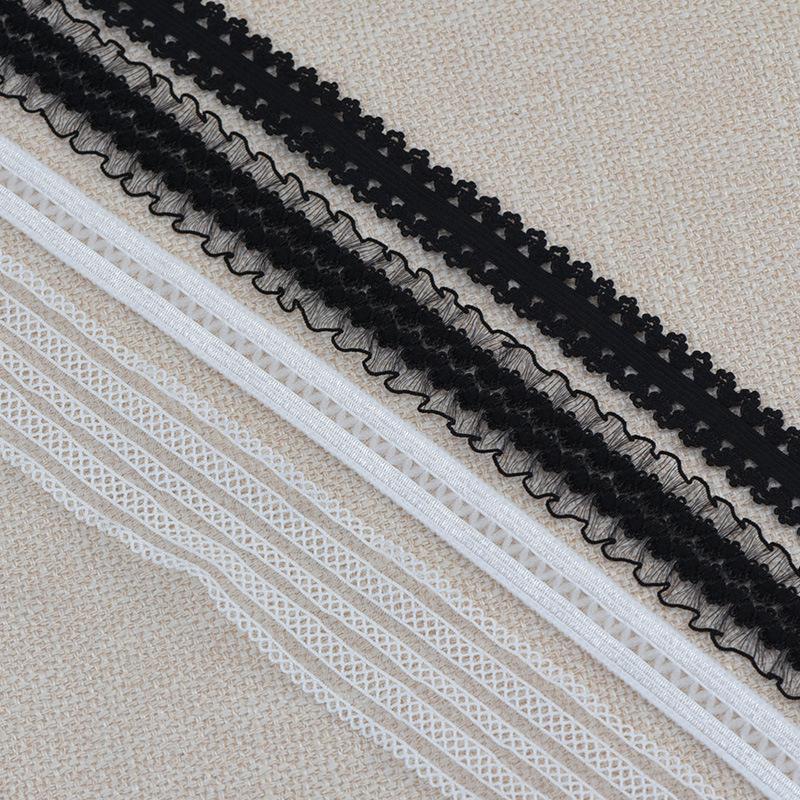Elastic Black & White Floral Lace Trim with Fringed Hem - Soft Ruffled Ribbon for DIY.