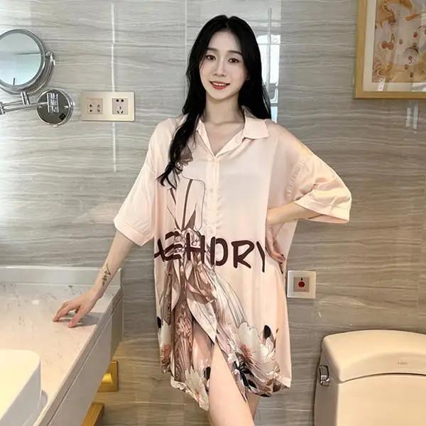 Women's Short Sleeve Ice Silk Sleep Dress Nightgown Plus Size 4XL Pajamas Shirt Sundress Loose Home Clothes