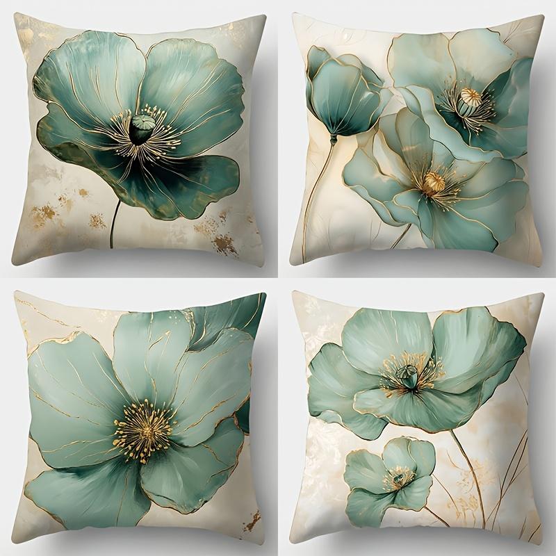 Vibrant Natural Green Blue & Golden Botanical Print Throw Pillow Sofa Bed Living Room Office Beach Theme Decor