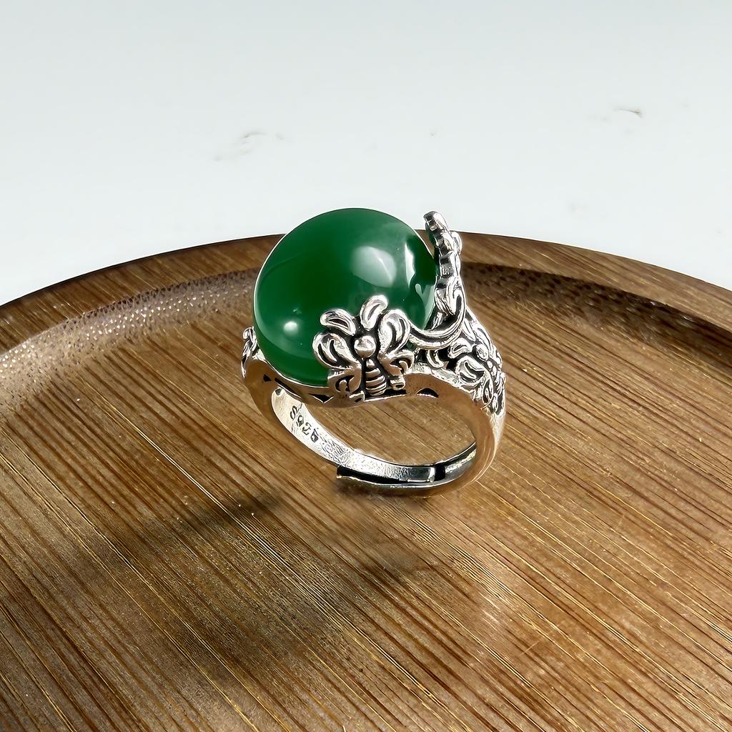 PANJBJ 925 Sterling Silver Hotan Jade Geometric Ring for Women Girl Adjustable Retro Delicate Jewelry Birthday Gift Dropshipping