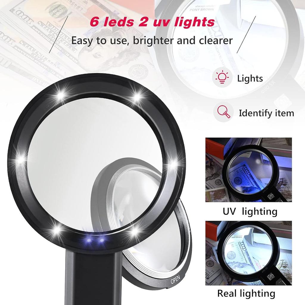 30X Handheld Magnifier with 6 Light, Jeweler Loupes Lighted Magnifying Glass-USB Rechargeable for Seniors Reading Coins Crafts Jewelry Hobbies