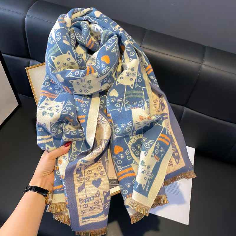 

Women S Cat-Patterned Faux Cashmere Scarf Versatile Thickened Warm Shawl European American Style Winter Fashion Accessory One Size