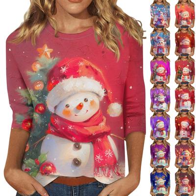 Ladies' Christmas Printed Fashionable Casual Seven Quarter Sleeved Round Neck Top