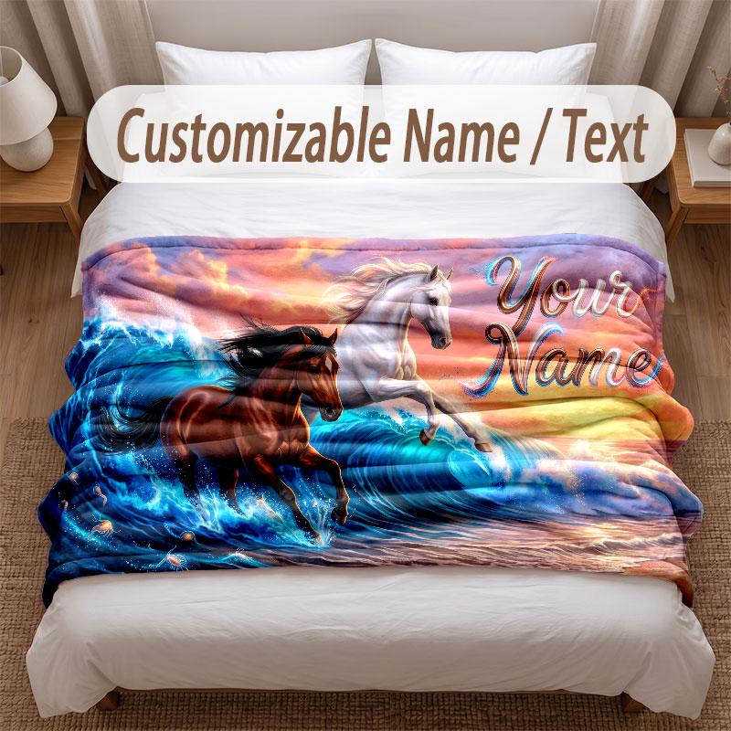 Manta Suave Tema Cavalo Personalizada Nome Personalizado Impressão de Texto Manta Quente Decoração de Sofá de Casa Quarto