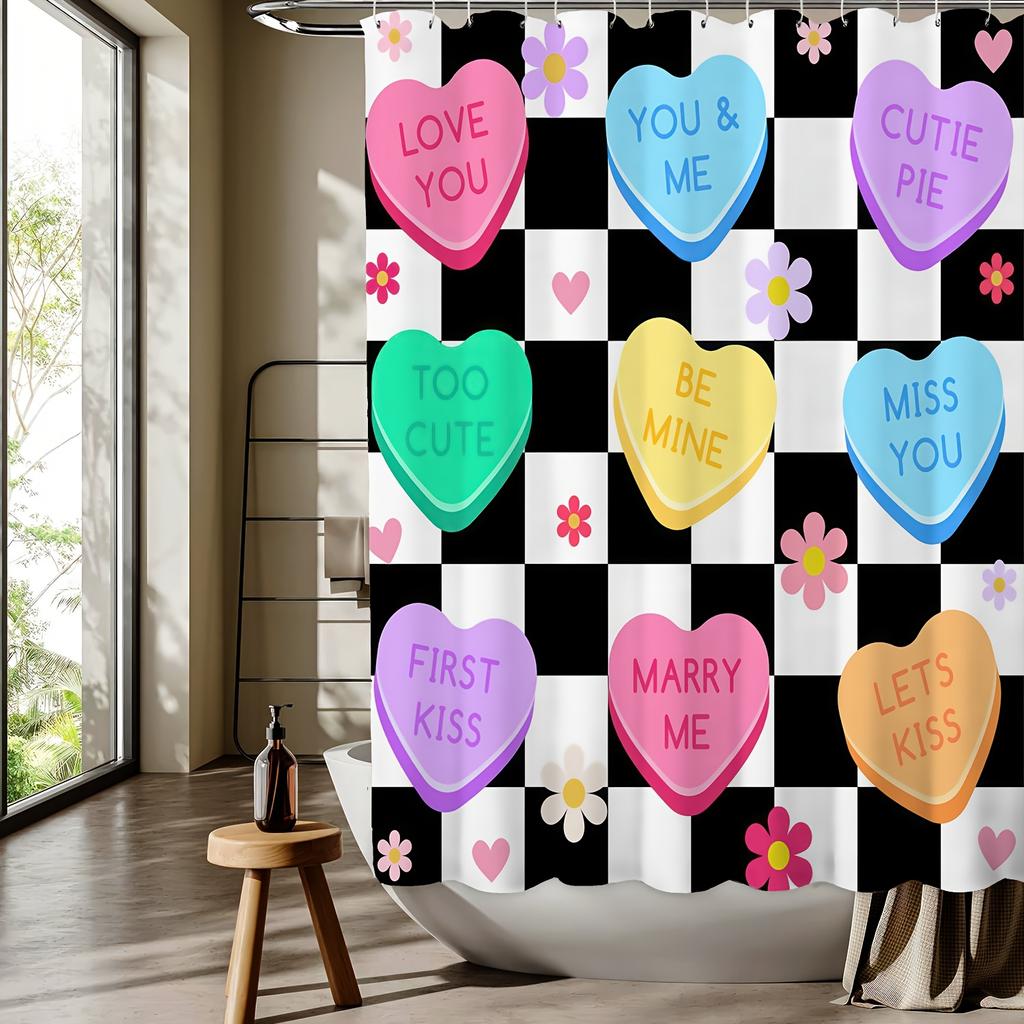 Valentine'S Day Candy Heart Shower Curtain Checkerboard Pattern With Love Messages Waterproof Polyester Bath Curtain With Hooks