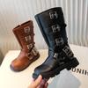 2023 Girls' High-Top Fashion Boots with Metal Buckle, British Style.