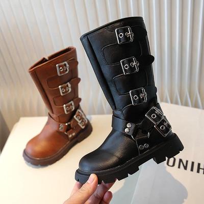 2023 Girls' High-Top Fashion Boots with Metal Buckle, British Style.