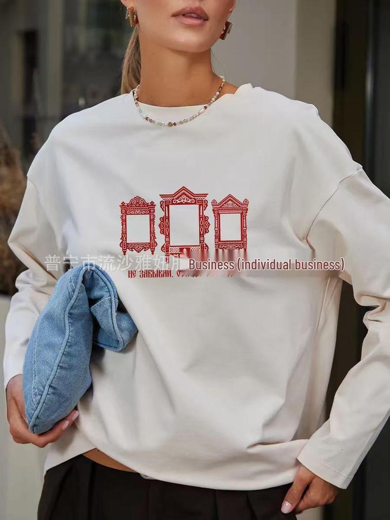 Autumn Retro American Style 100% Cotton Slimming Long-Sleeve Print T-shirt