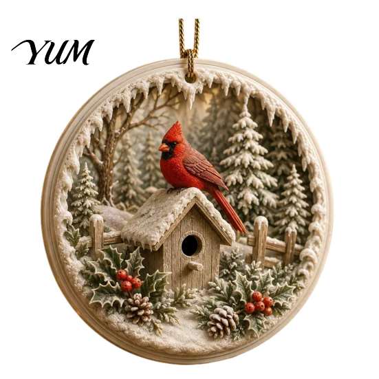 Acrylic Red Bird Pendant Christmas Ornament, Snow Scene Pattern Xmas Tree Pendants Hanging Decor, Retro Round for Winter Holiday Party Festive Decor
