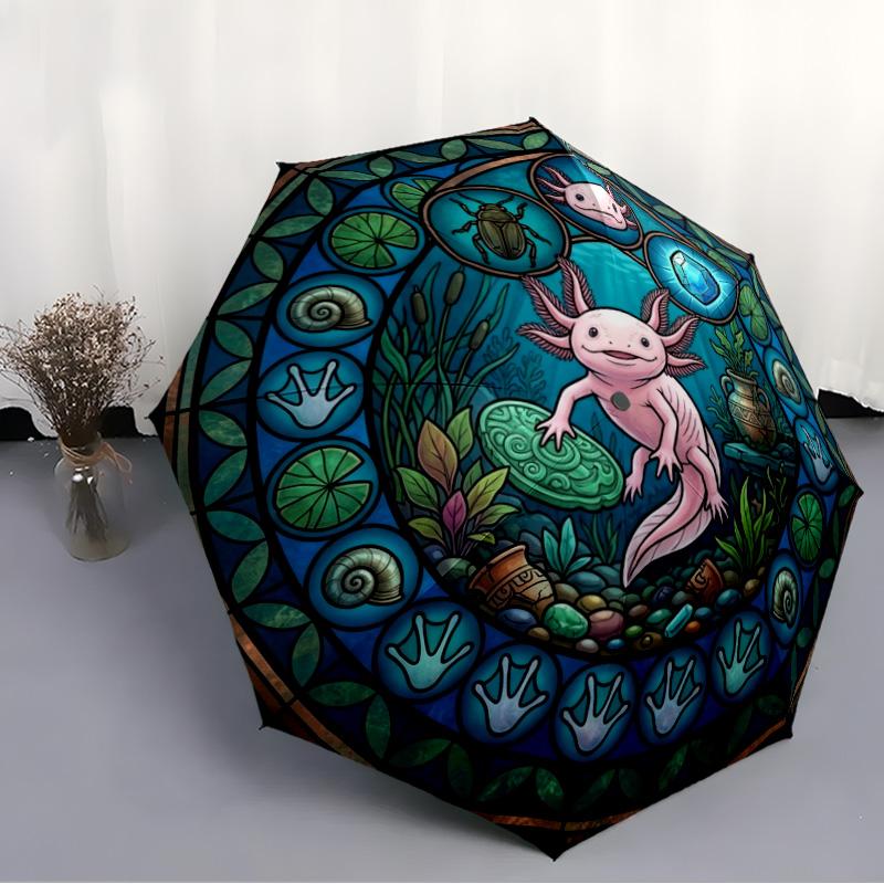 Axolotl Glass Window pattern umbrella, portable and foldable design, 8 ribs, a casual accessory for Halloween, Christmas, and birthday gifts.