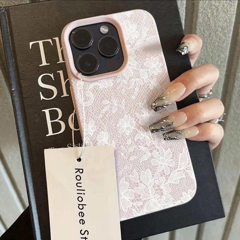 White Lace Patterned Lychee Textured Phone Case for Xiaomi Poco F7 F6 F5 X7 X6 X5 M6 Pro4G for Xiaomi 15 14 13 15T 14T 13T Cover