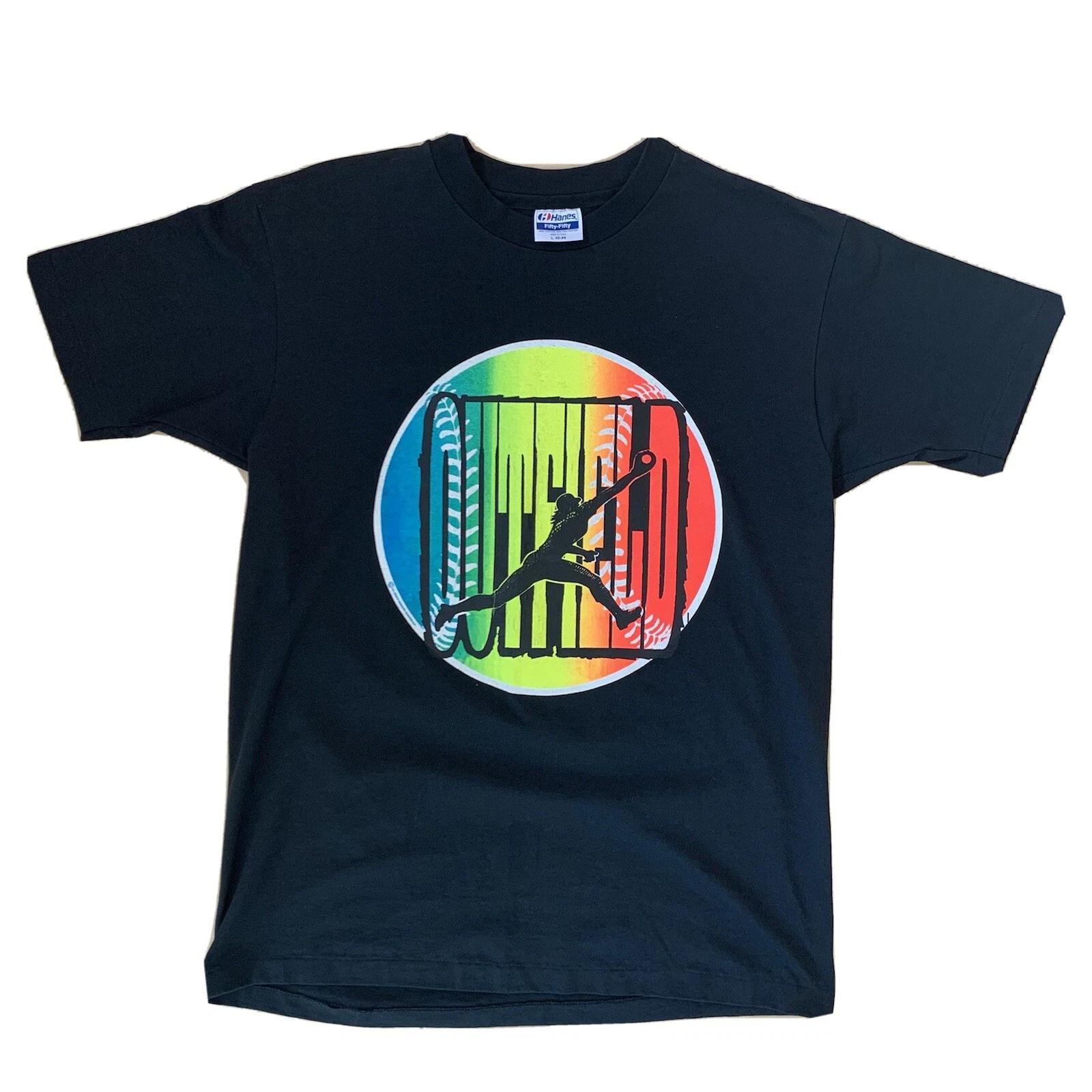 Vintage Outfield Baseball Shirt L Black Multicolor 80s MLB New York Sportswear 4XL