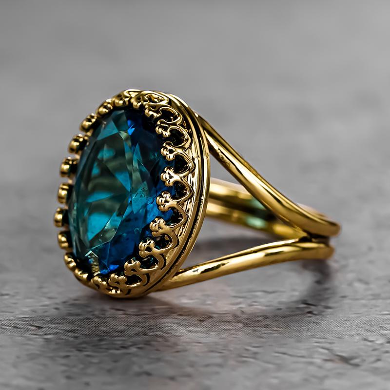 Gorgeous Big Oval Blue Cubic Zirconia Gold Color Rings for Women Temperament Elegant Lady Anniversary Party Retro Jewelry