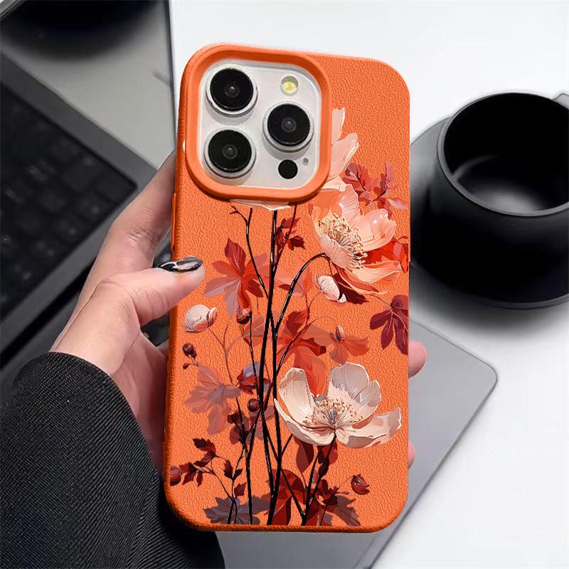 Handyhülle mit rosa Blumenmuster, Lederstruktur für iPhone 16 Pro 15 14 13 12 Pro Max, stoßfest, matt, schlank, einfarbig, TPU, weich, sturzsicher