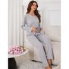 Luxury and noble solid color knitted cotton short-sleeved trousers nightgown three-piece set loungewear pajamas women