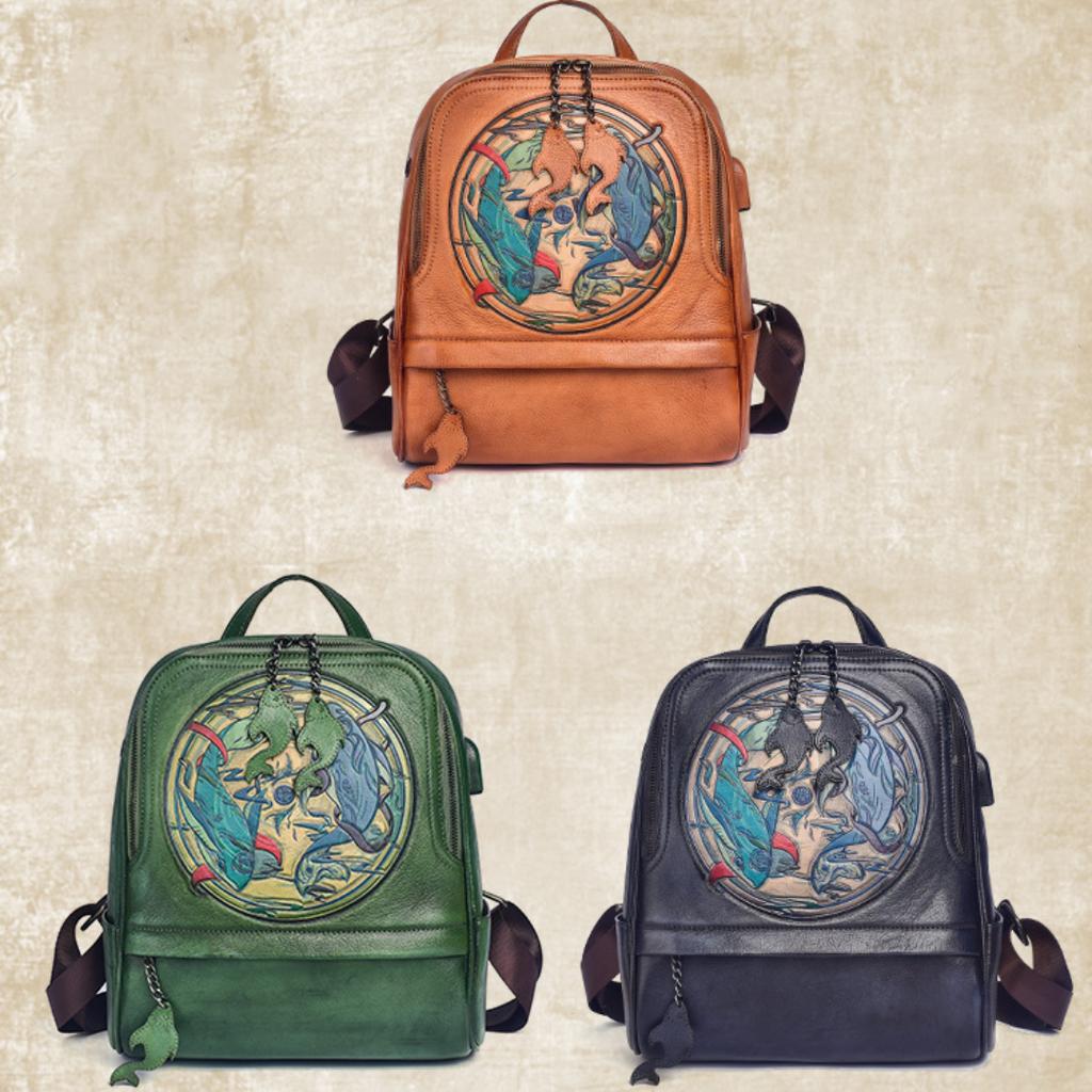 Leather Shoulder Bun Top Layer Cowhide Creative Backpack Printed Handmade Vintage Travel Bag