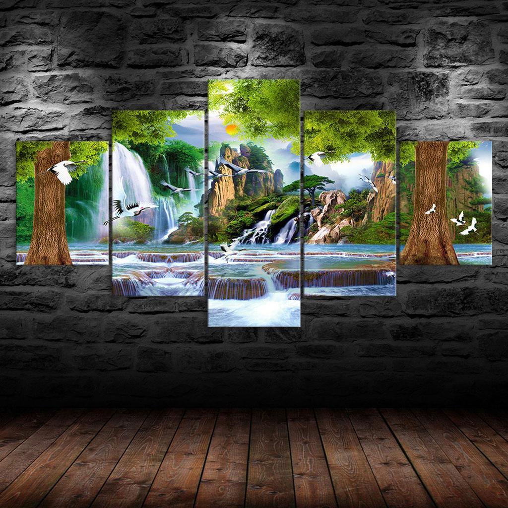 Fairy Forest Waterfall Painting Canvas 5 Piece Five Panel Wall Print Modern Art Poster Home Decor Gift For Him For Her