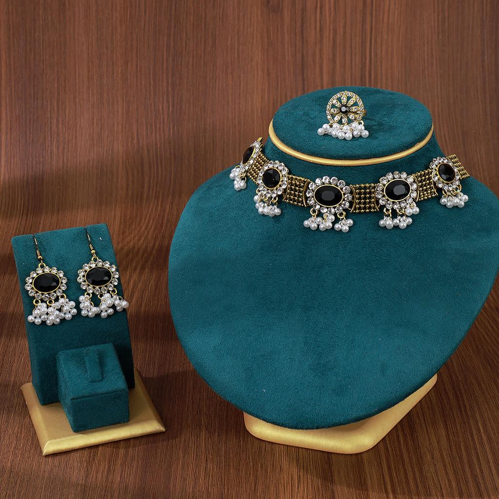 Bohemian Style Diamond-Set Colored Diamond-Set Fringed Necklace, Retro Court Style Earrings, Rings, Jewelry Set, Women
