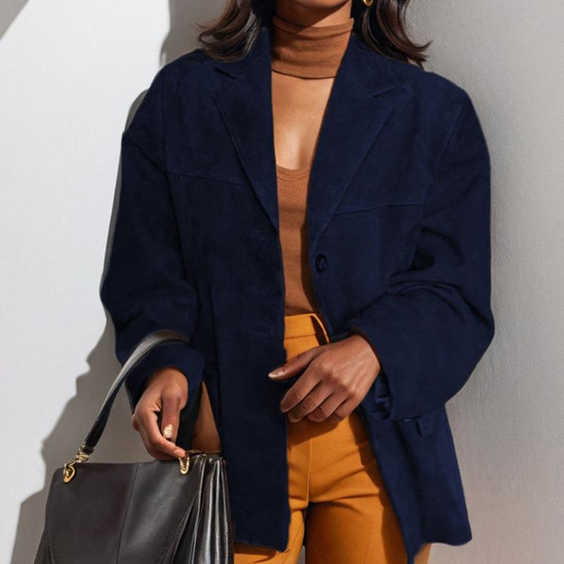 Vintage Brown Loose Fit Women's Long Sleeve Blazer with Pockets