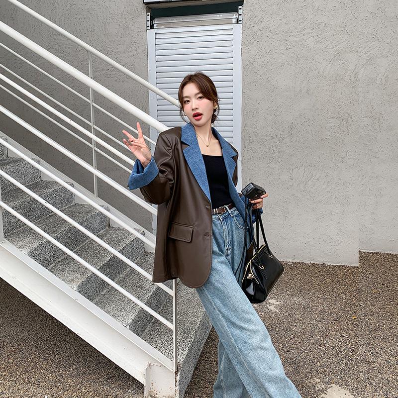 

Женский блейзер, женский дизайнерский нишевый осенний новый джинсовый и кожаный стиль, маленький костюм XL