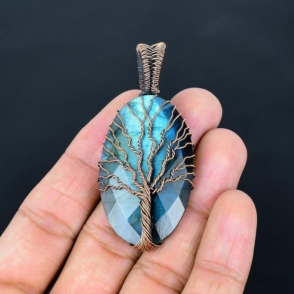 Tree of Life Faceted Labradorite Pendant Gemstone Jewelry, 999 Copper Wire Wrapped Pendant, Gift For Women Handmade Pendant