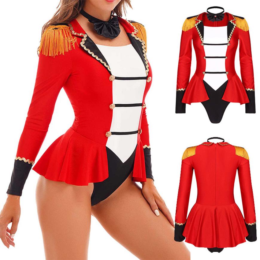 

Женский костюм циркового конферансье на Хэллоуин, косплей, маскарадное платье, комбинезон с длинным рукавом, боди с галстуком-бабочкой S красный