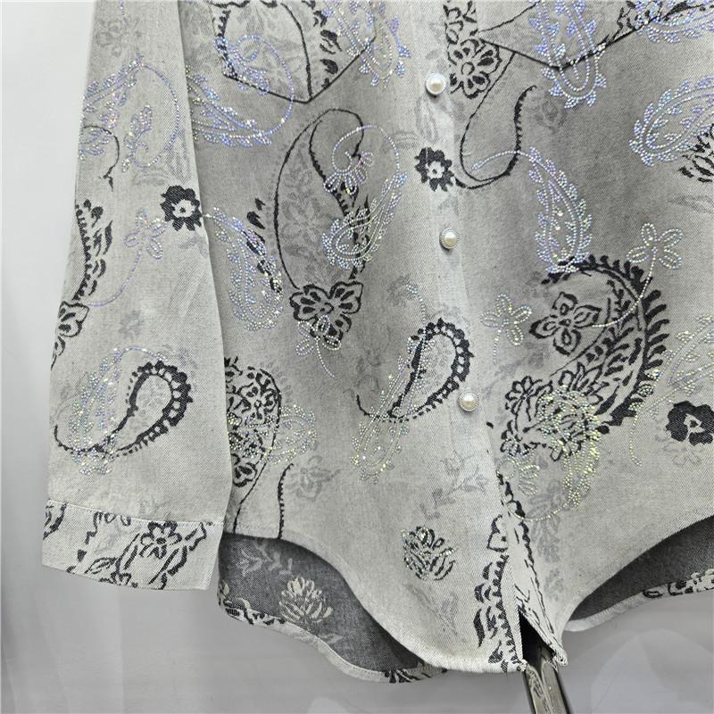 2026 Spring Rhinestone Jacquard Denim Long Sleeve Shirt Jacket - Women's Loose-Fit Mid-Length Top