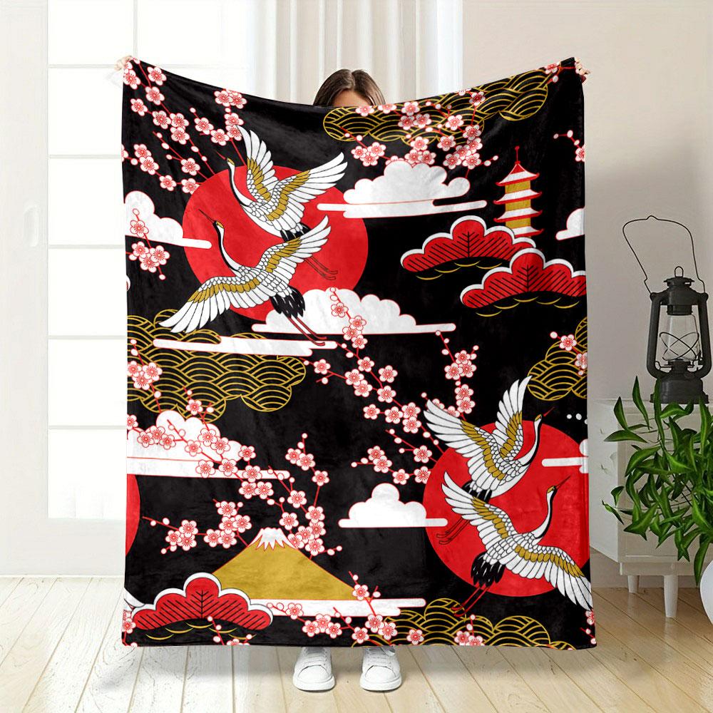 Japanese Style Crane Cherry Blossom Blanket bedroom Blanket for Livingroom Couch lunch break Soft throw for Friend's festival Gift